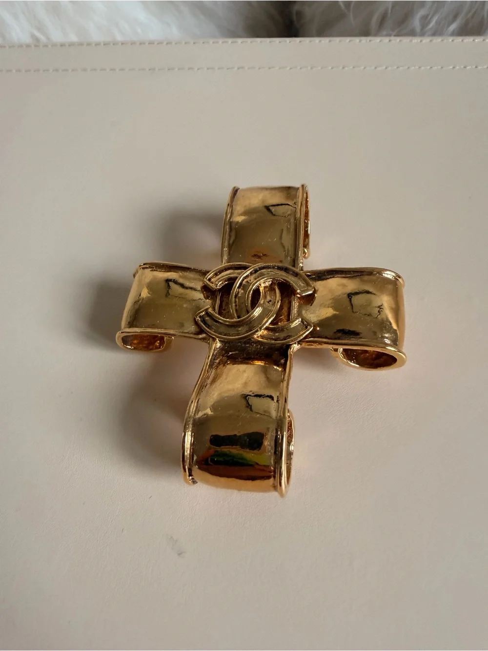 chanel Gold Tone Cross Brooch with Interlocking CC Logo